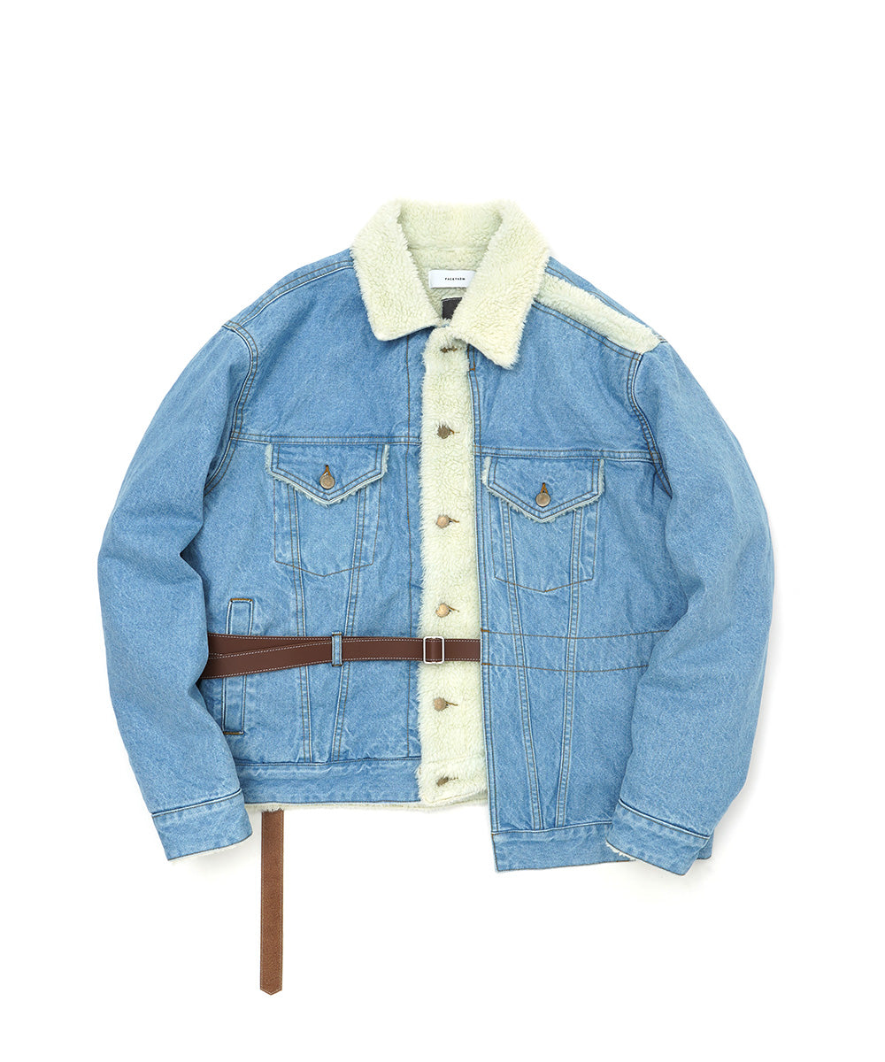 ASSYMETRICAL BELTED SHERPA DENIM JACKET