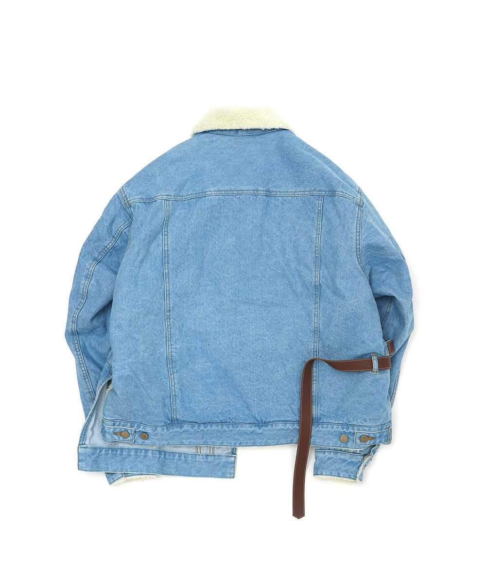 ASSYMETRICAL BELTED SHERPA DENIM JACKET