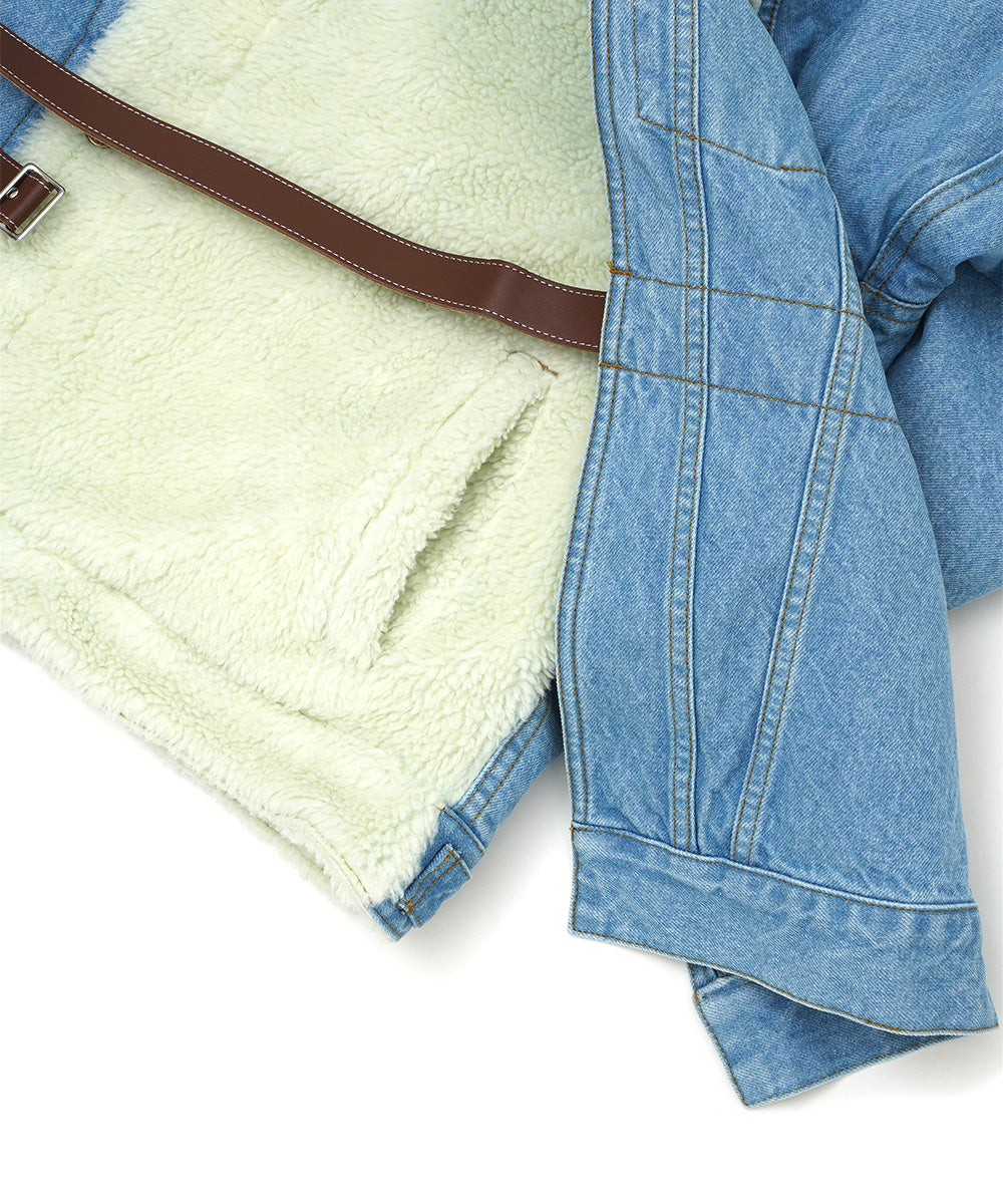 ASSYMETRICAL BELTED SHERPA DENIM JACKET