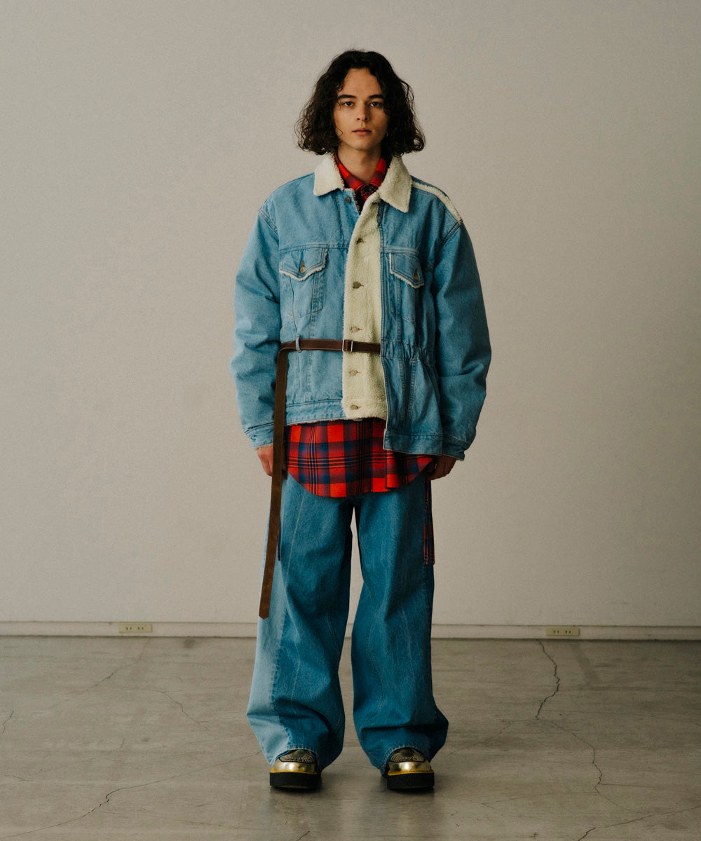 ASSYMETRICAL BELTED SHERPA DENIM JACKET