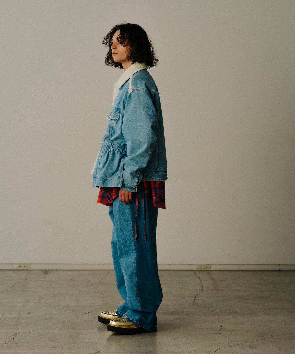ASSYMETRICAL BELTED SHERPA DENIM JACKET